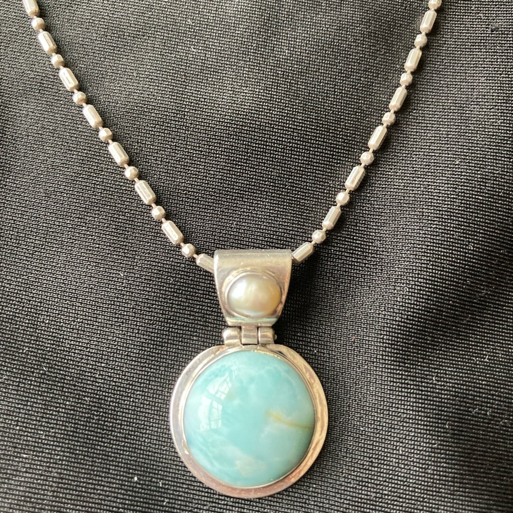 Larimar and sterling silver 16” necklace with mother of pearl clasp